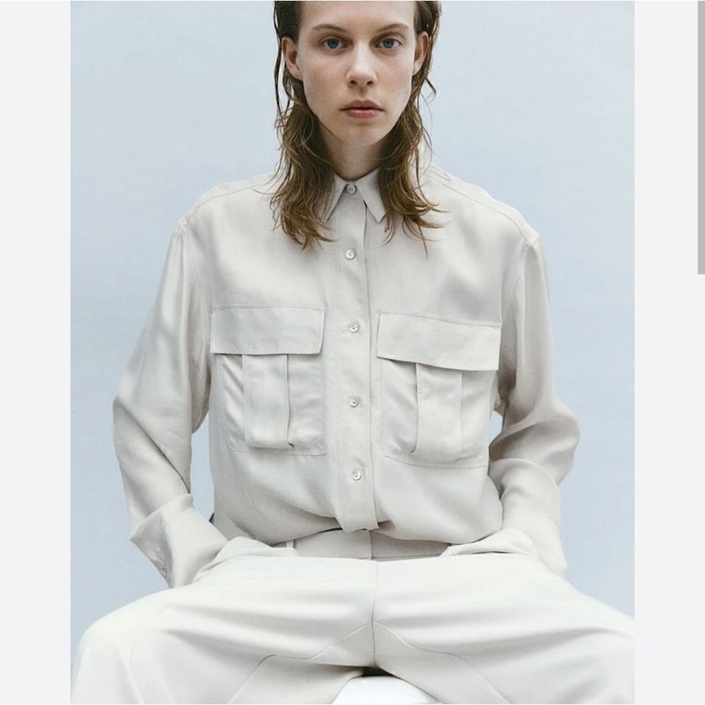 New H&M Pompette Gray Dusty Light Silk Blend Utility Shirt Size XL Oversized